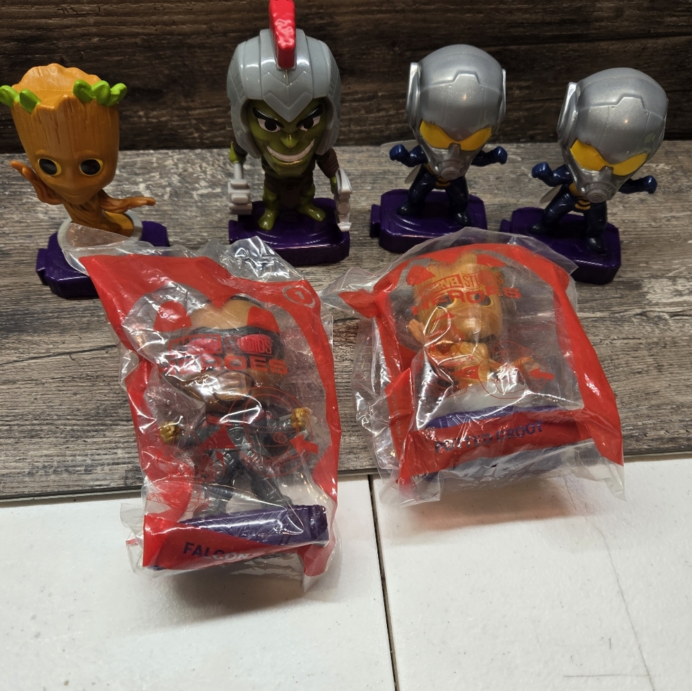MARVEL HERO FIGURES LOT OF 6 MCDONALD'S HULK,GROOT,FALCON,WASP MOVEABLE TOYS‎